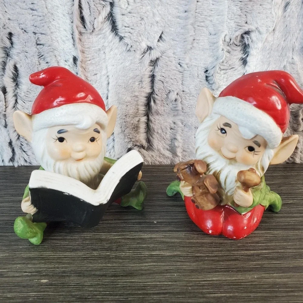 Christmas Elf Figurines Vintage Homco Ceramic Porcelain Set of Two 3.75